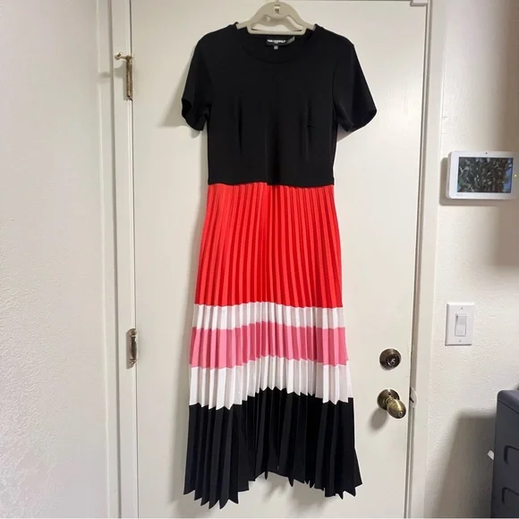 karl lagerfeld paris women's colorblocked pleated midi dress KARL LAGERFELD PARIS Women's 3/4 Sleeve Colorblock Pleated Midi Dress